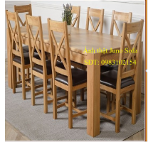 Bộ bàn ghế phòng ăn gỗ sồi Juno sofa màu vàng tự nhiên 1m8 + 8 ghế nệm lưng X